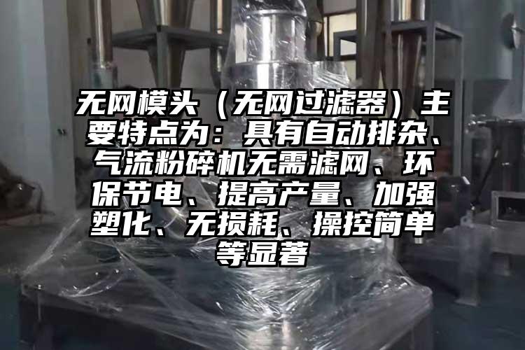 無網(wǎng)模頭（無網(wǎng)過濾器）主要特點為：具有自動排雜、氣流粉碎機無需濾網(wǎng)、環(huán)保節(jié)電、提高產(chǎn)量、加強塑化、無損耗、操控簡單等顯著